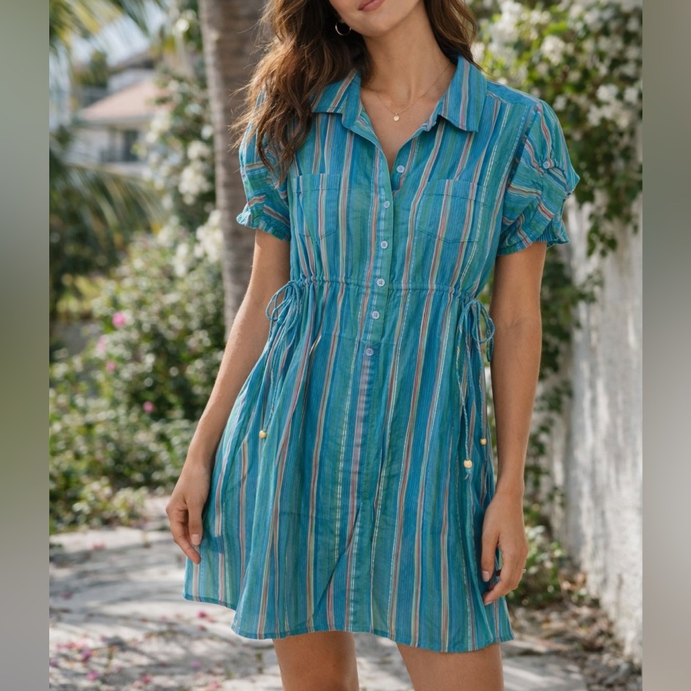 Striped Button-Front Mini Dress in Teal